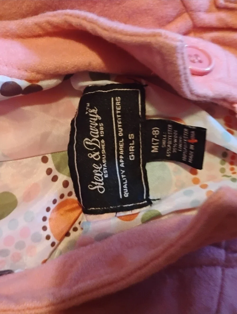 Steve & Barry’s Girls Pink Hooded Duffle Coat Wool Blend Polka Dot Lining Size M
